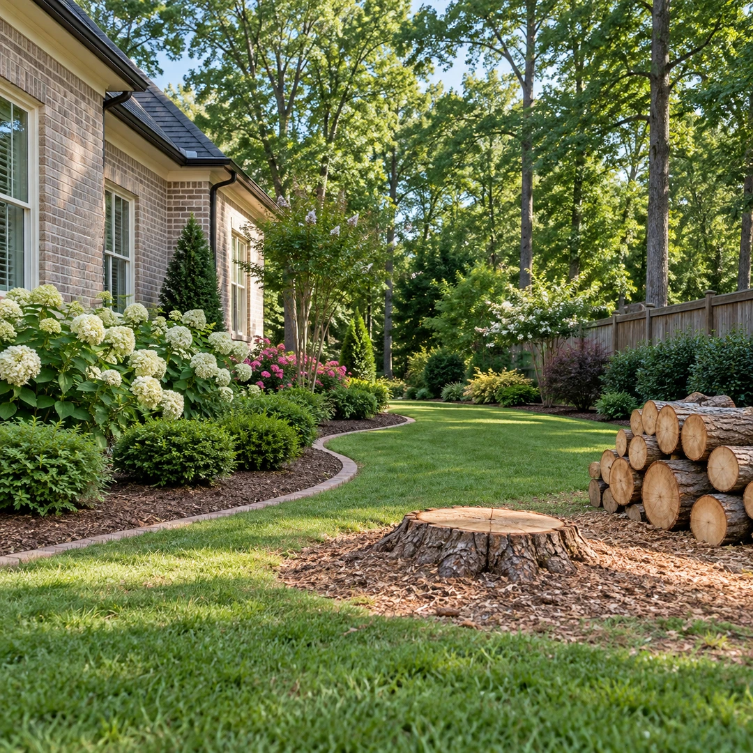 Low stump and stacked logs beside a cleared lawn