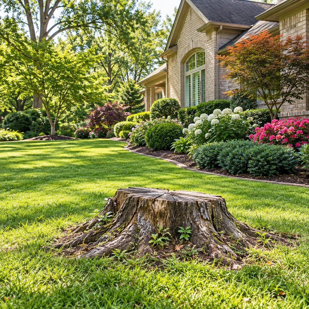 Weathered stump with surface roots in an open green lawn