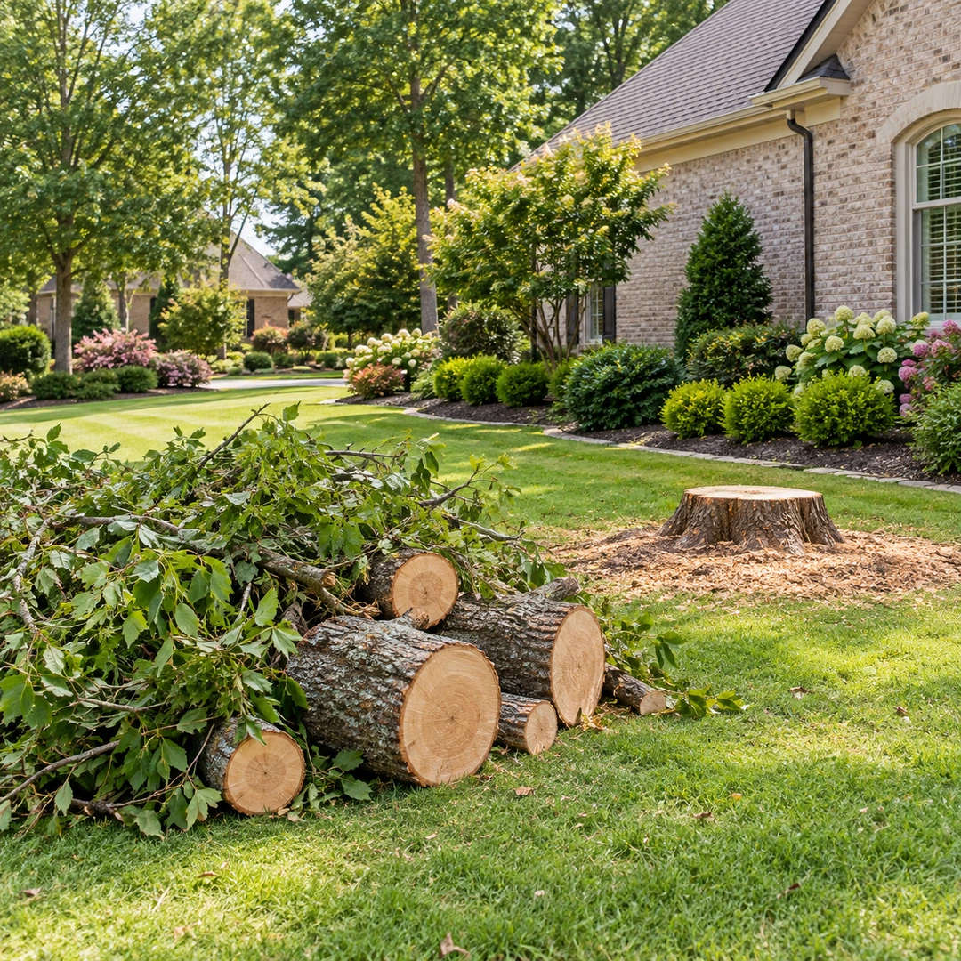 Cut logs and leafy branches beside a low stump