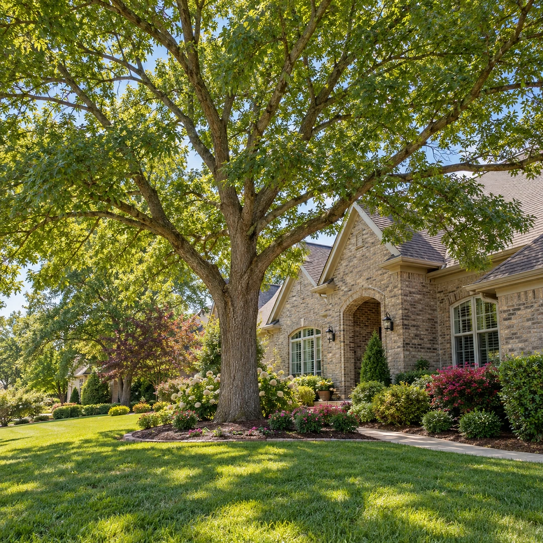 Mature healthy shade tree beside a brick house