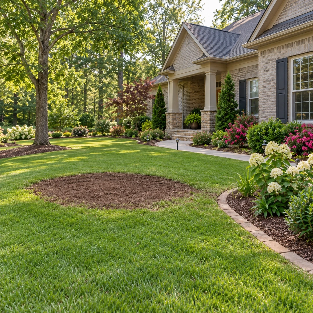 Level cleared soil patch surrounded by a green lawn