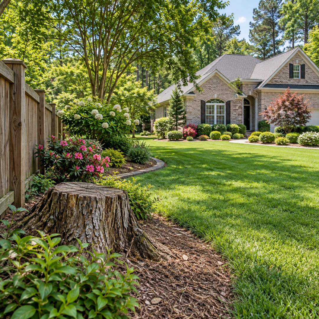 Old stump beside a wooden fence and landscaped lawn