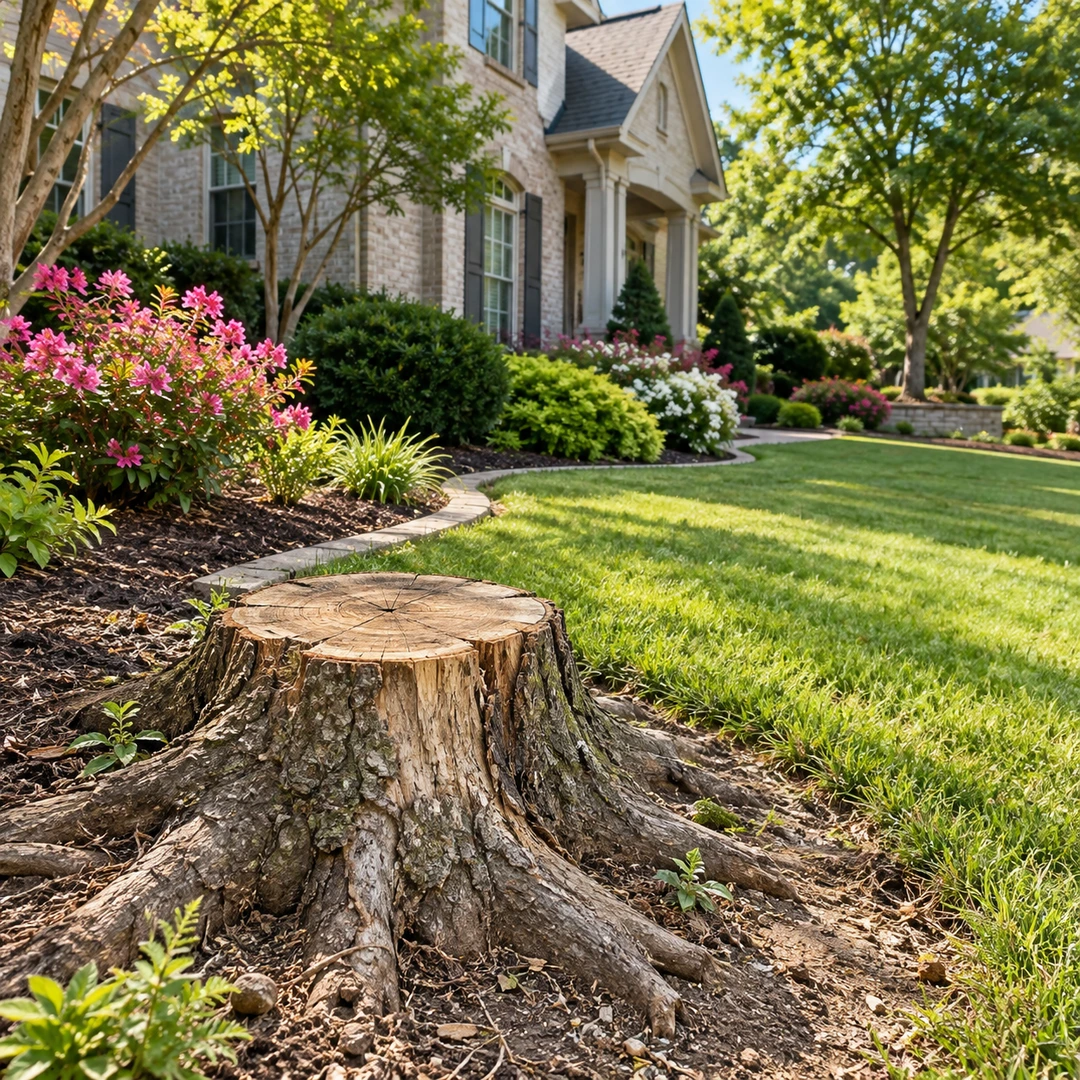 Cut stump with exposed roots beside a garden bed