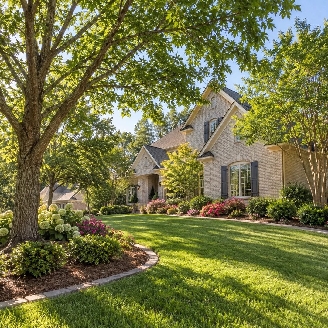 Natural tree canopy above a landscaped front yard