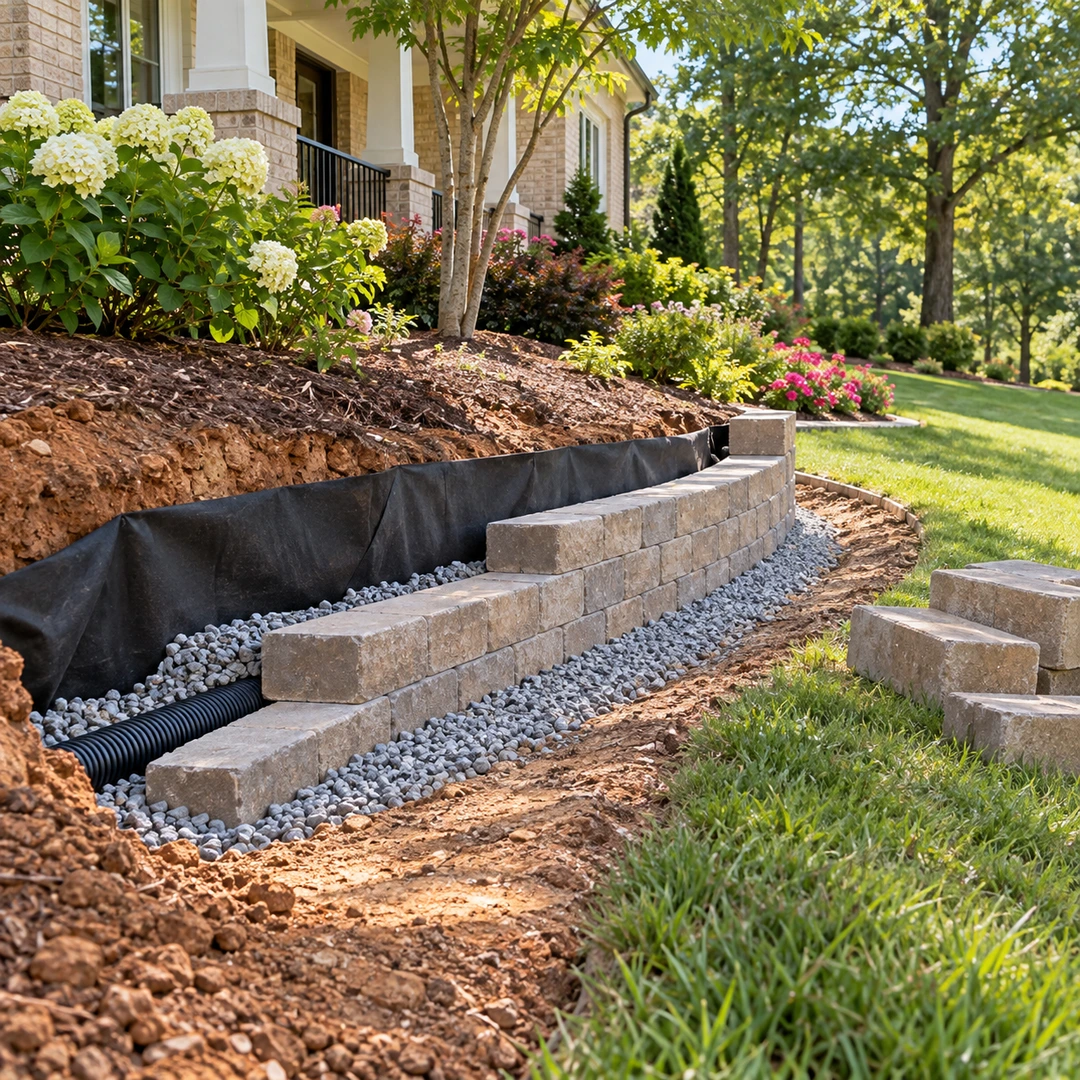 Retaining wall construction with drainage pipe and filter fabric