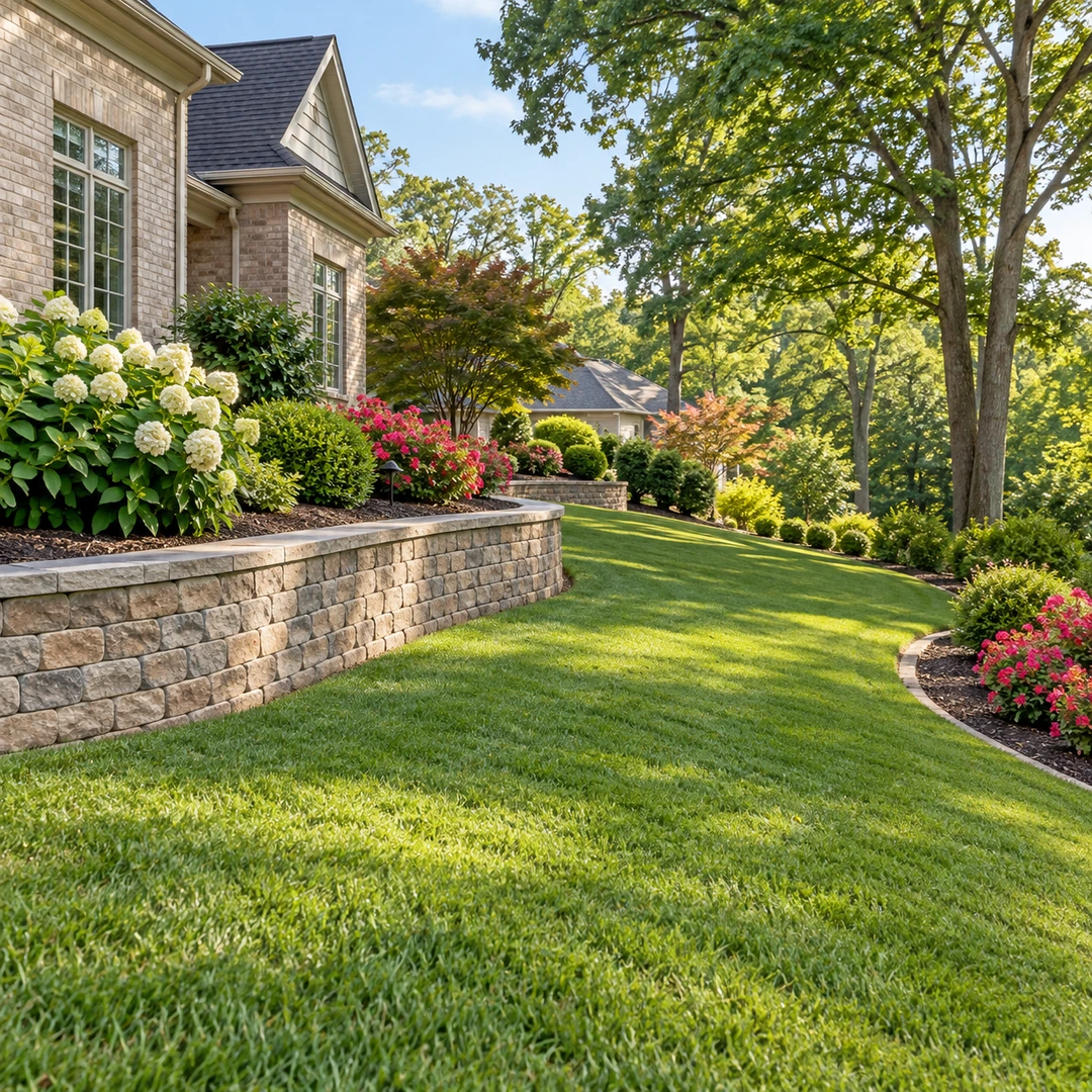 Retaining wall and garden bed beside a sloping lawn