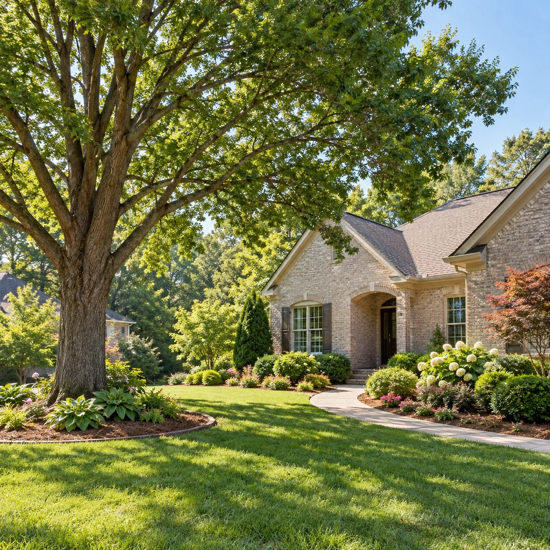 Healthy shade tree beside a garden path