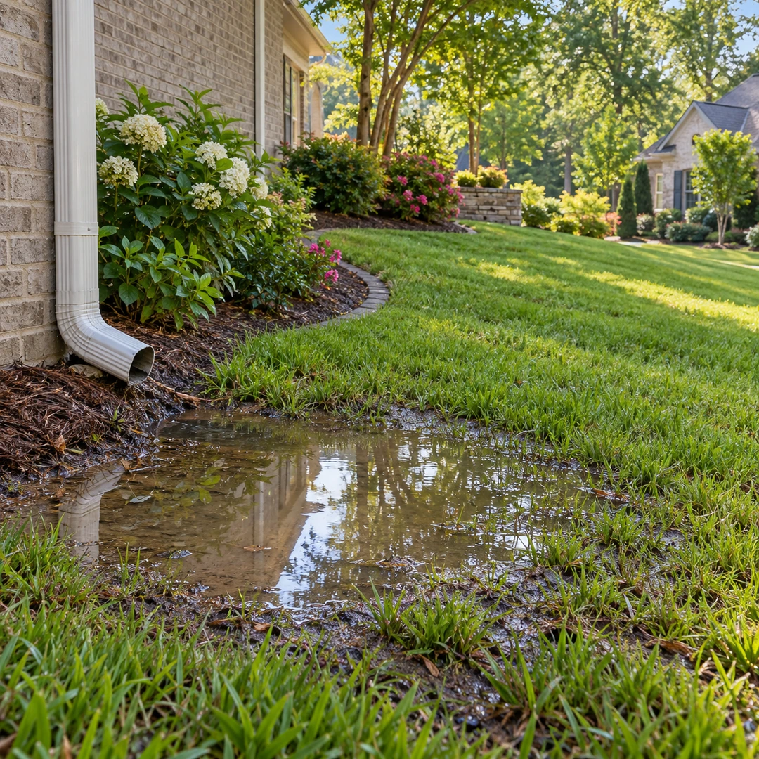 Standing water beside a downspout and house foundation