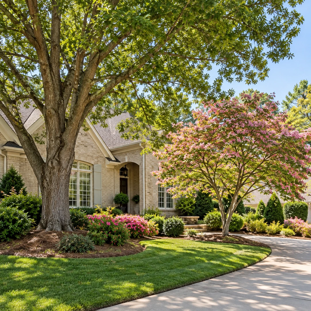 Large shade tree and smaller flowering tree beside a driveway