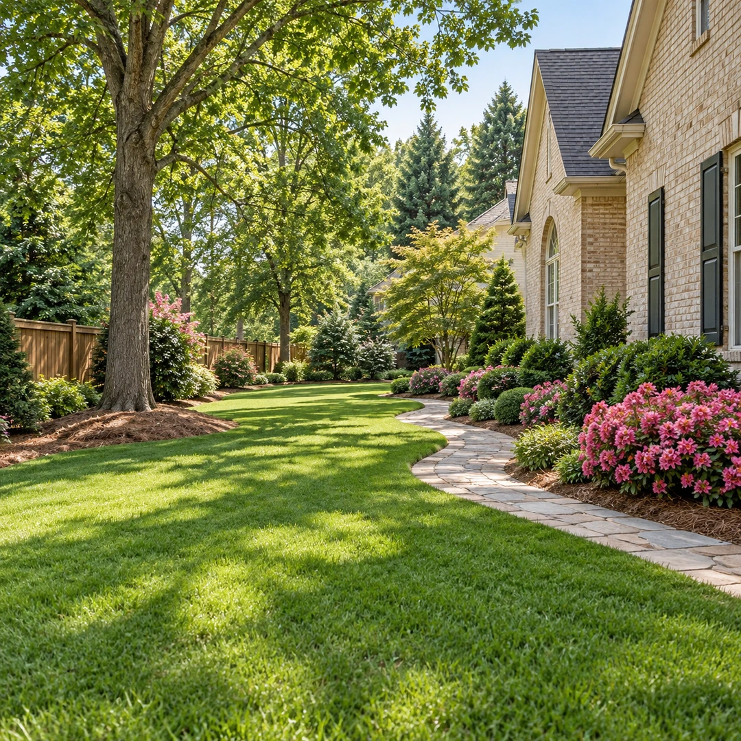 Open side lawn with mature tree and wooden fence