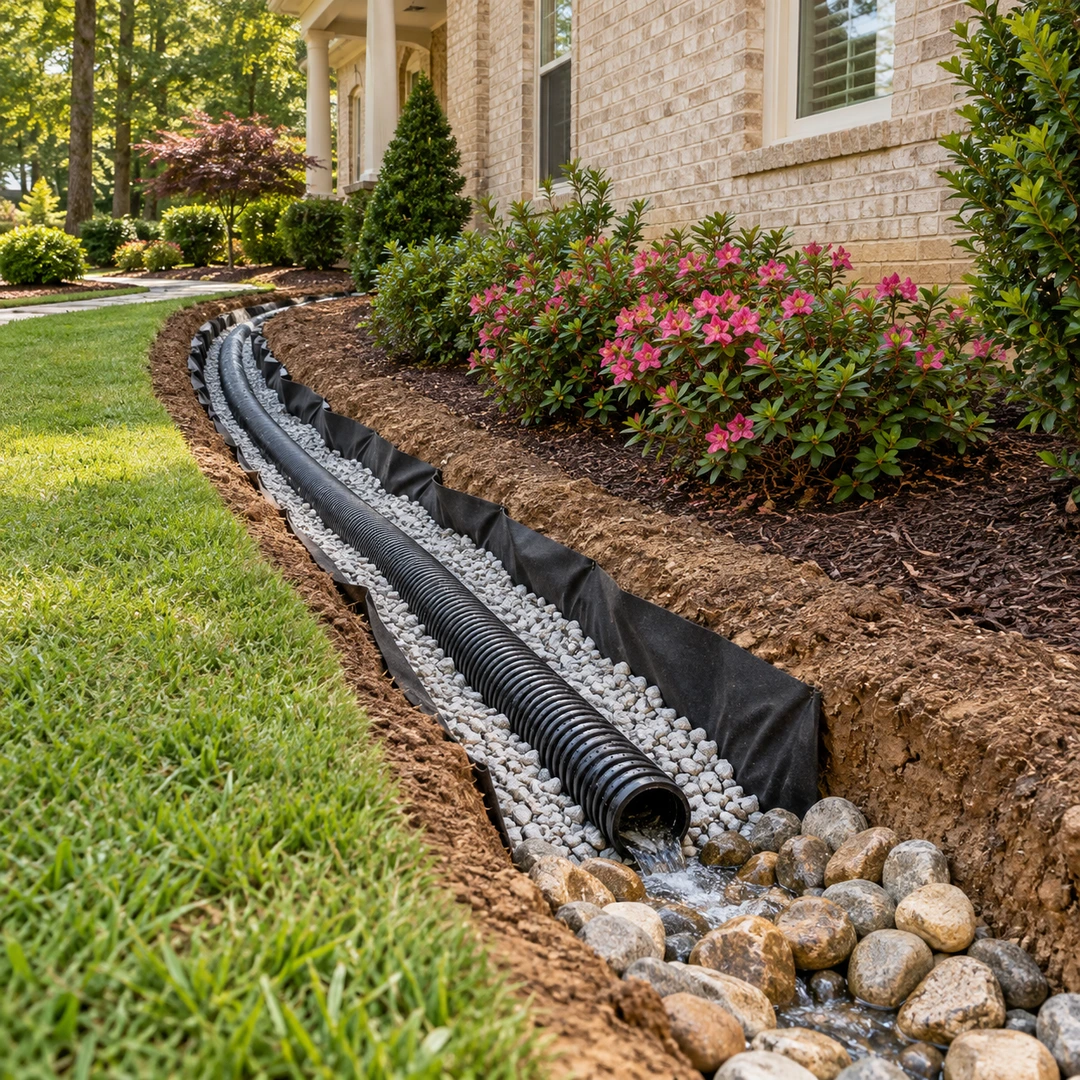 French drain trench with pipe and gravel leading to a stone outlet
