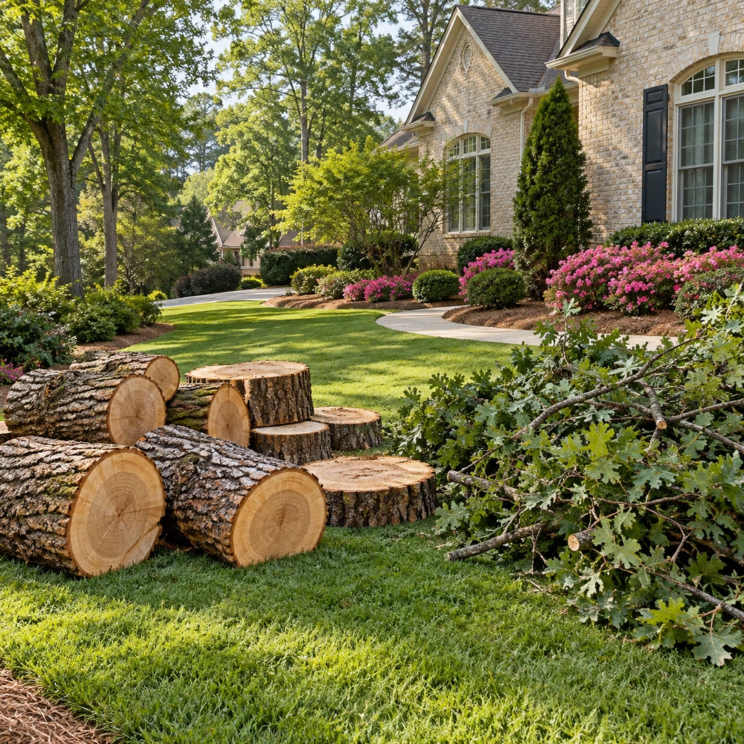 Cut trunk rounds and leafy branches grouped on a lawn