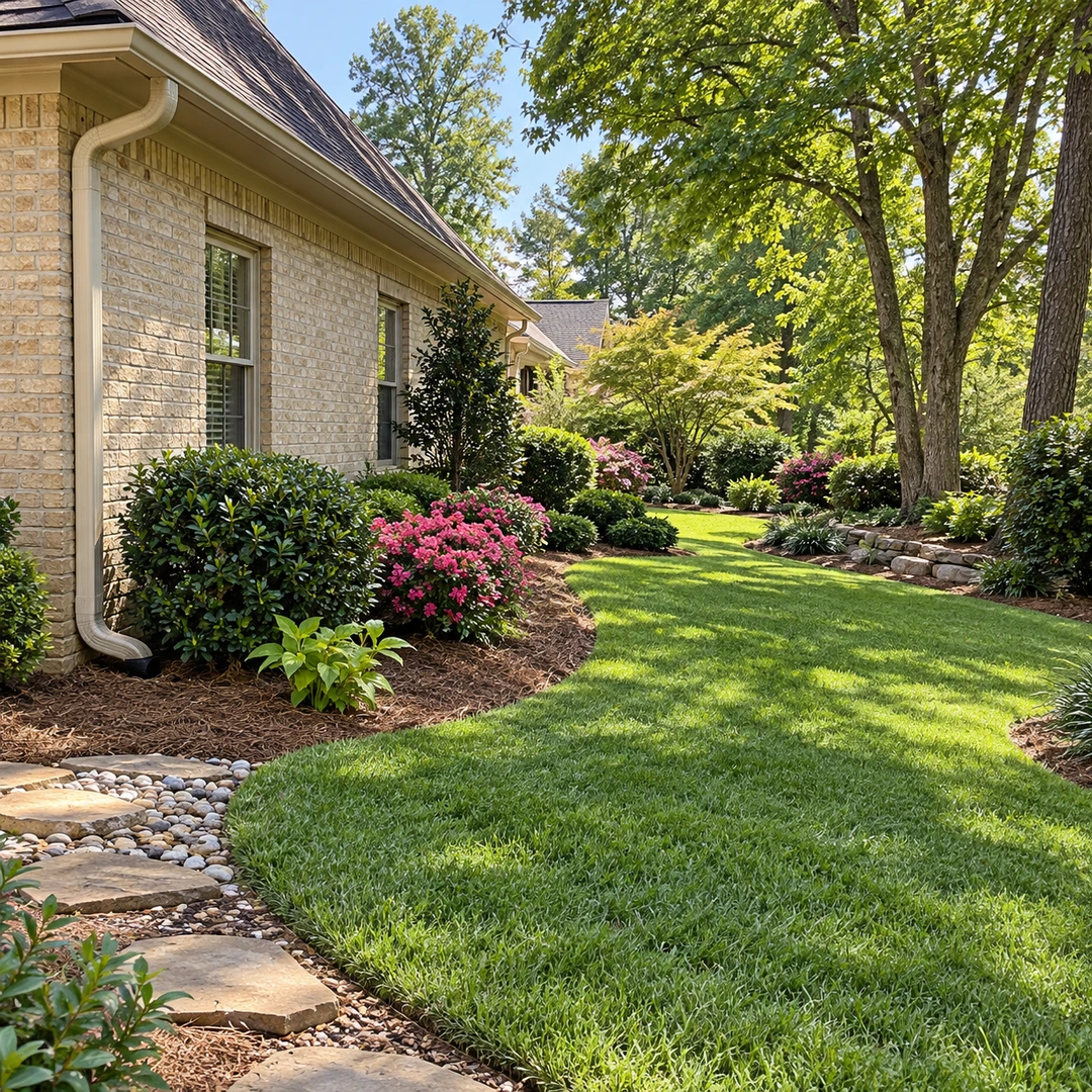 Downspout and stone receiving bed beside a gently sloping lawn