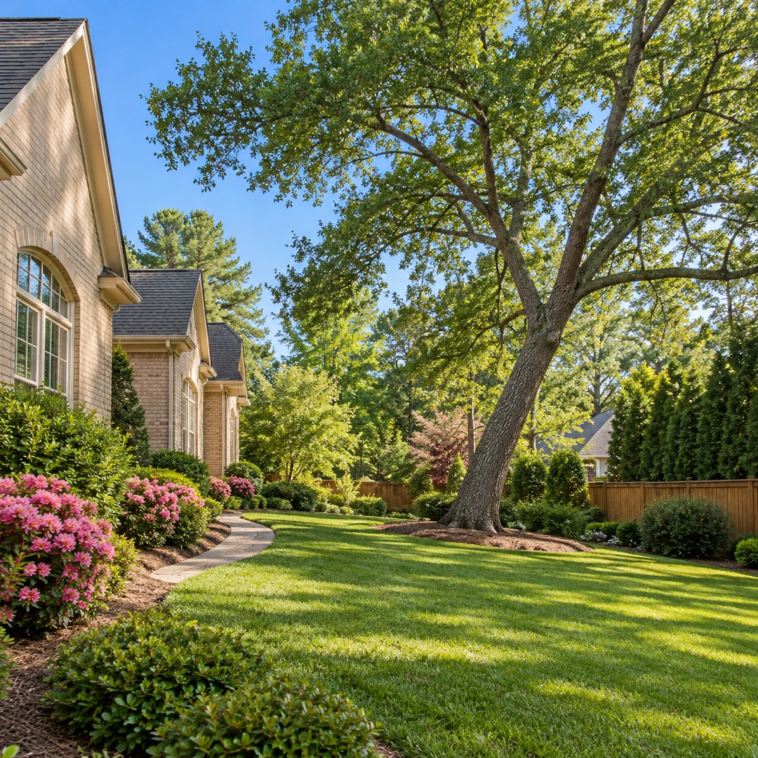 Leaning mature tree beside a house and open lawn