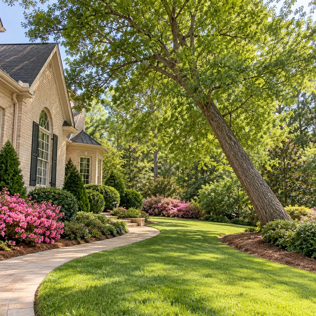 Leaning tree beside an empty curved garden path