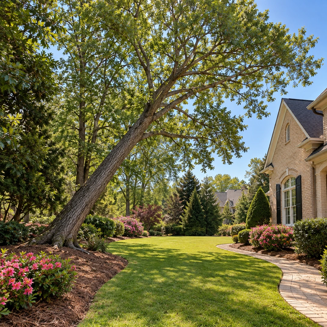 Side view of a leaning tree over open grass