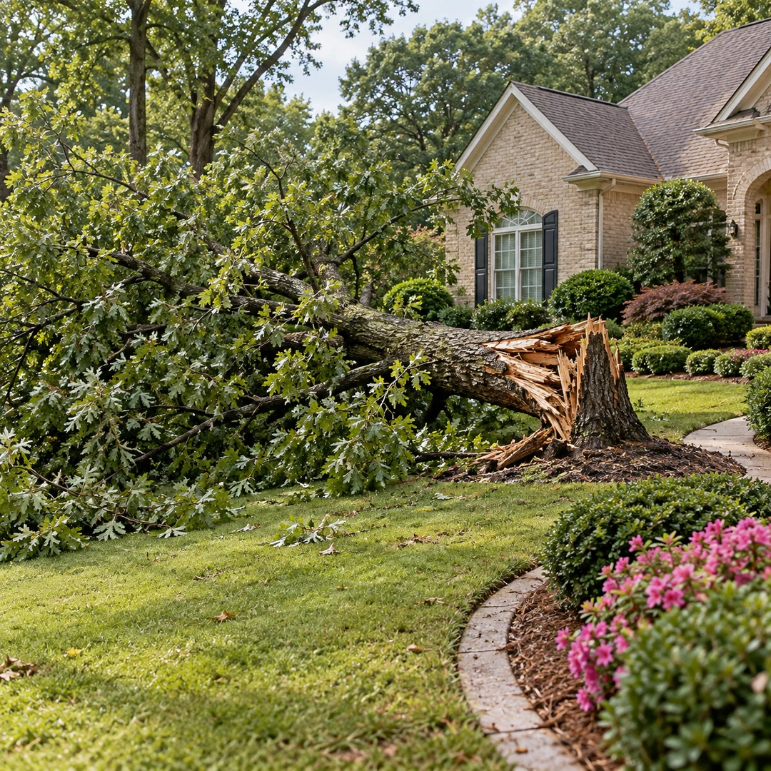 Storm fallen tree with a splintered trunk beside a lawn