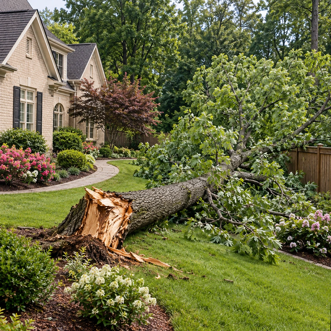 Storm fallen tree beside a landscaped garden path