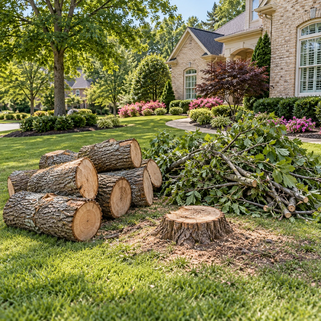 Grouped cut logs and leafy branches beside a low stump
