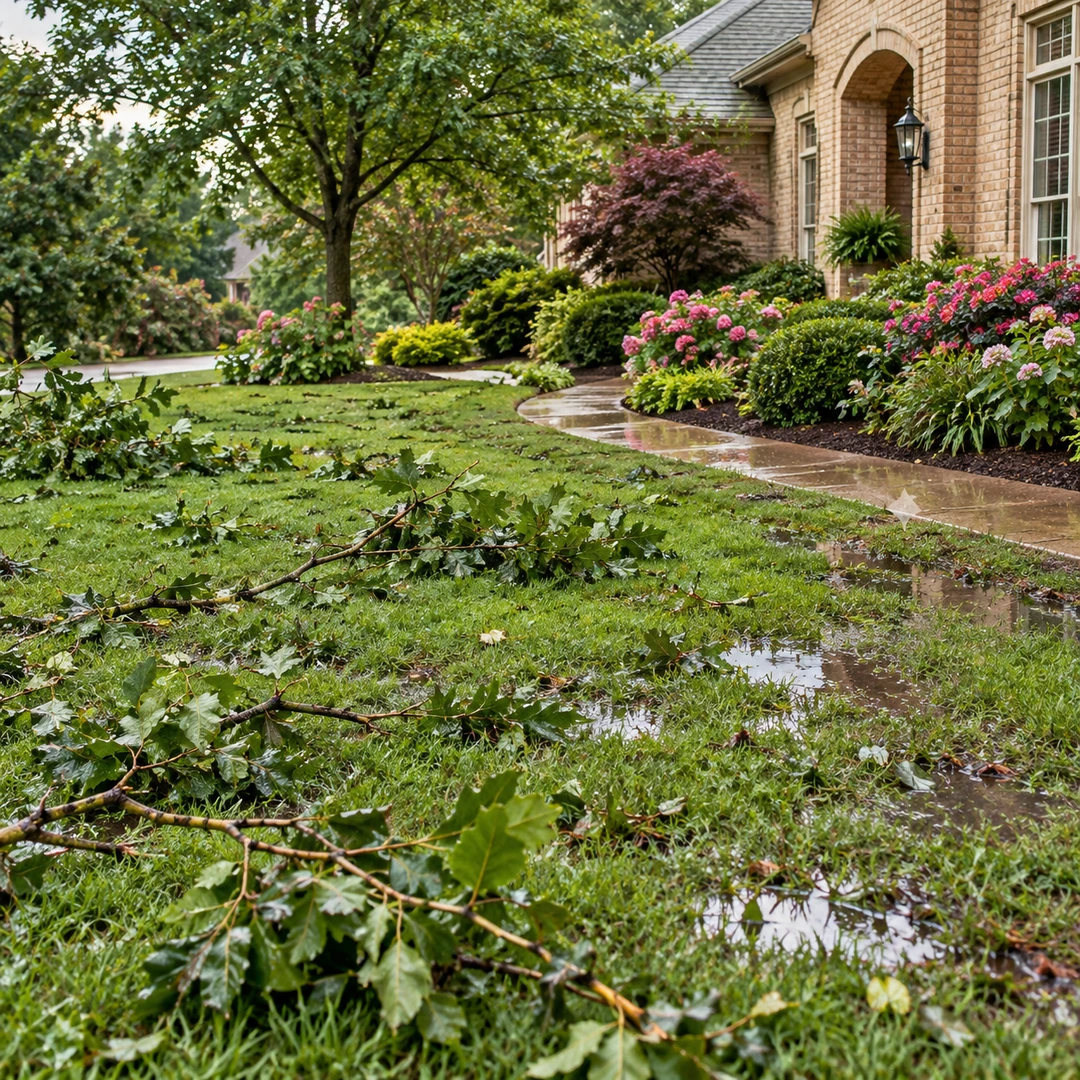 Scattered storm branches across a wet residential lawn