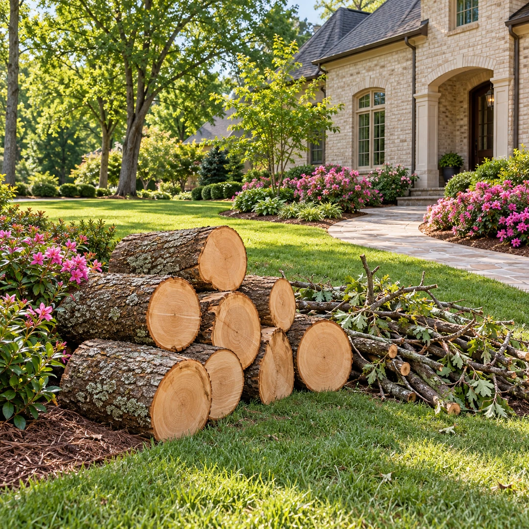 Cut trunk rounds beside a separate branch pile