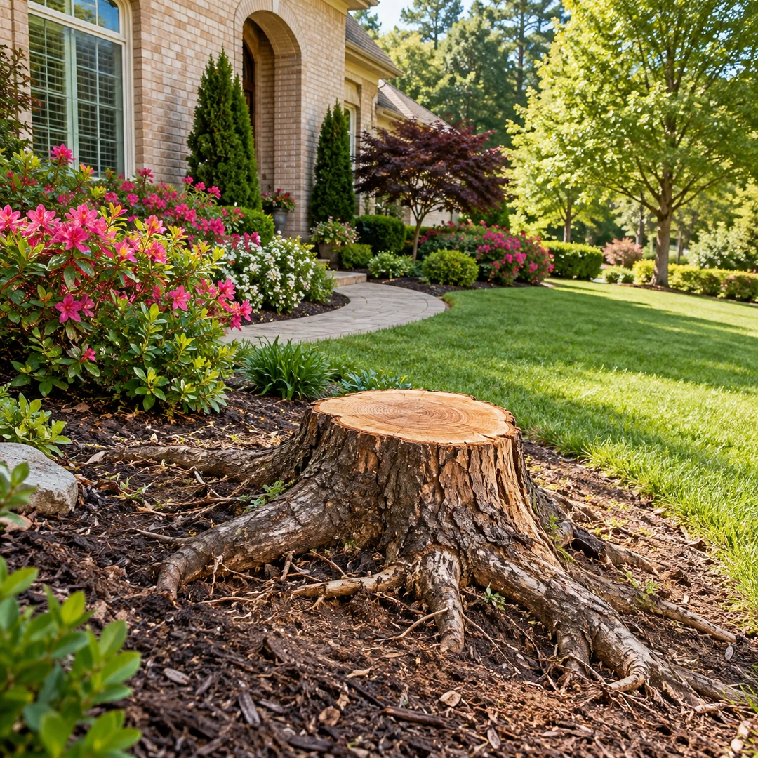 Large stump with exposed roots beside a landscaped lawn