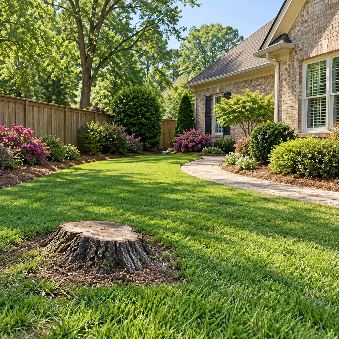Weathered stump in an open side yard