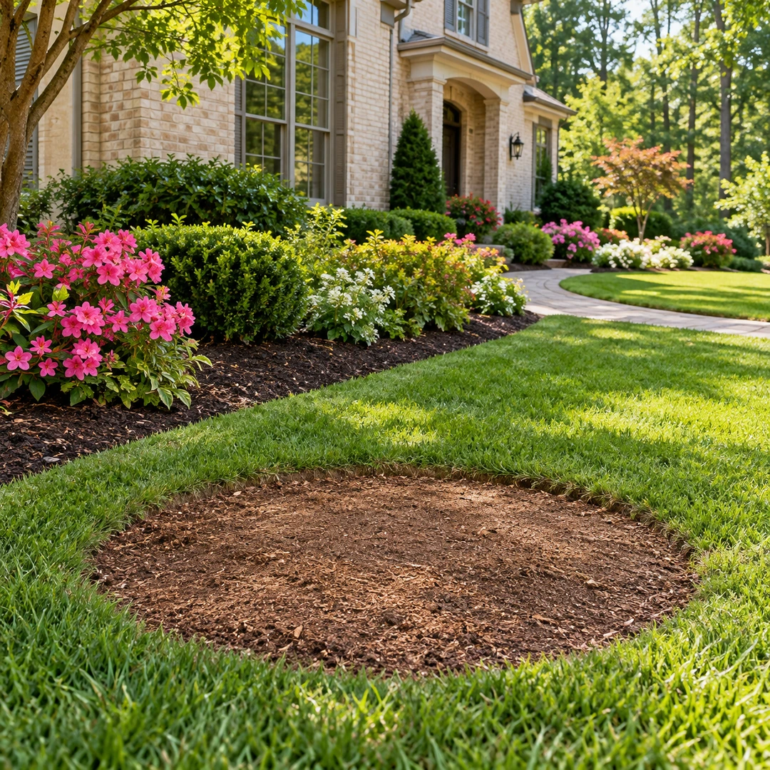 Level soil area after stump cleanup beside a lawn