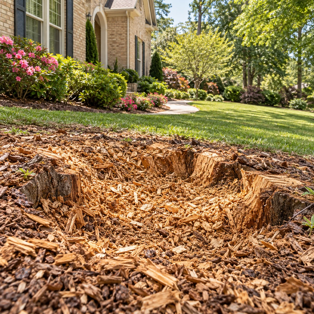 Wood chips in a ground stump area beside a lawn
