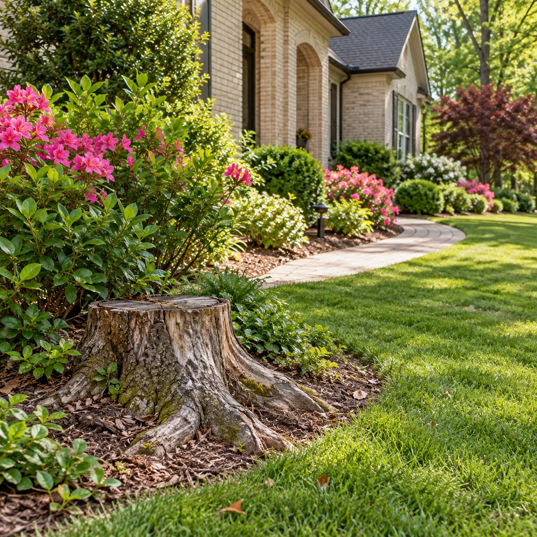 Old stump beside a residential garden bed