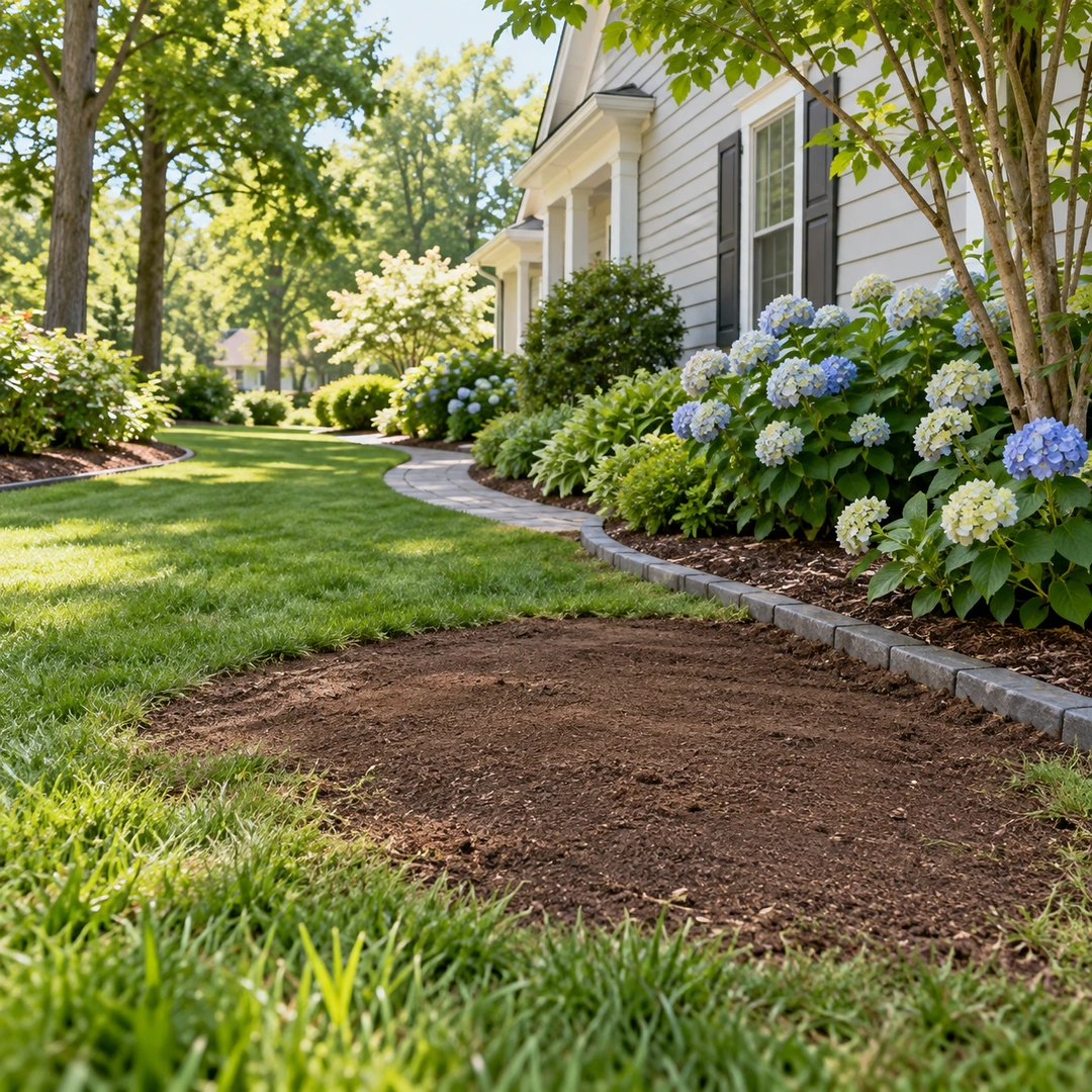 Level soil area beside a landscaped lawn after stump cleanup
