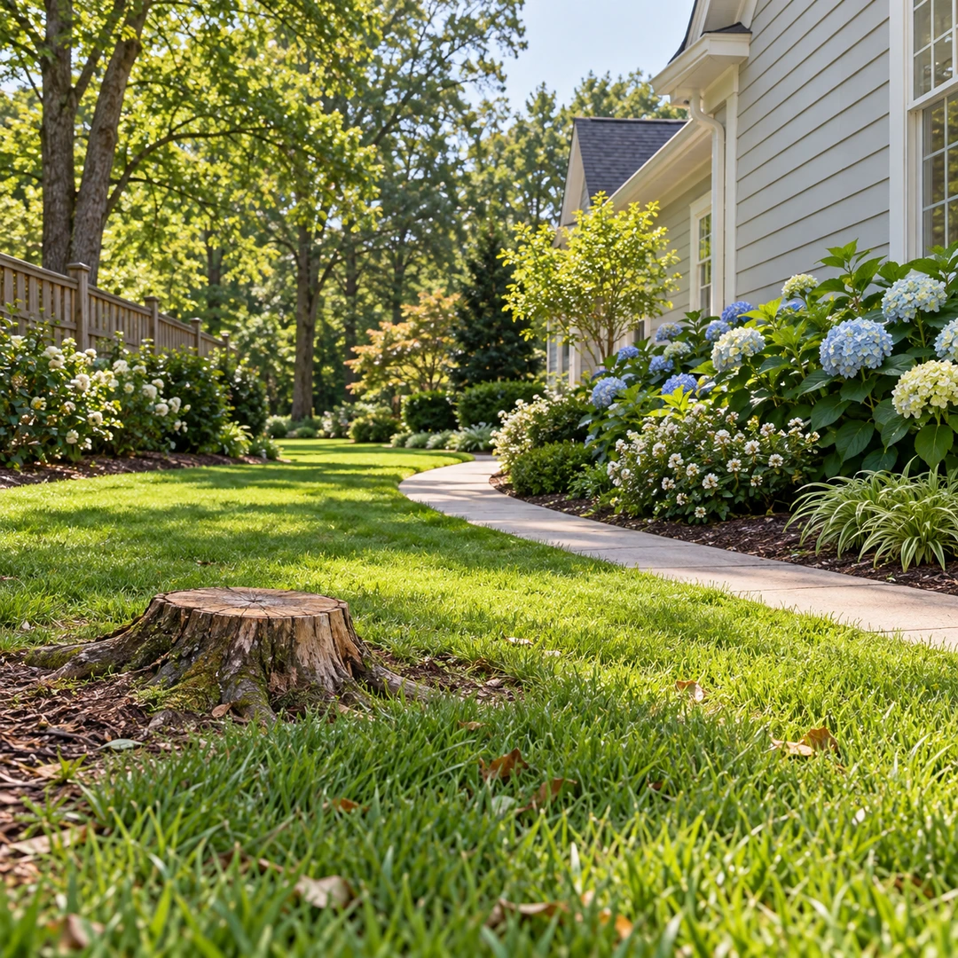 Short stump near a residential side yard walking route