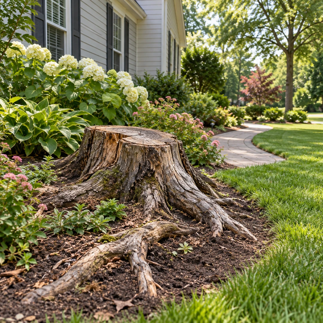 Old stump with exposed roots beside a garden bed