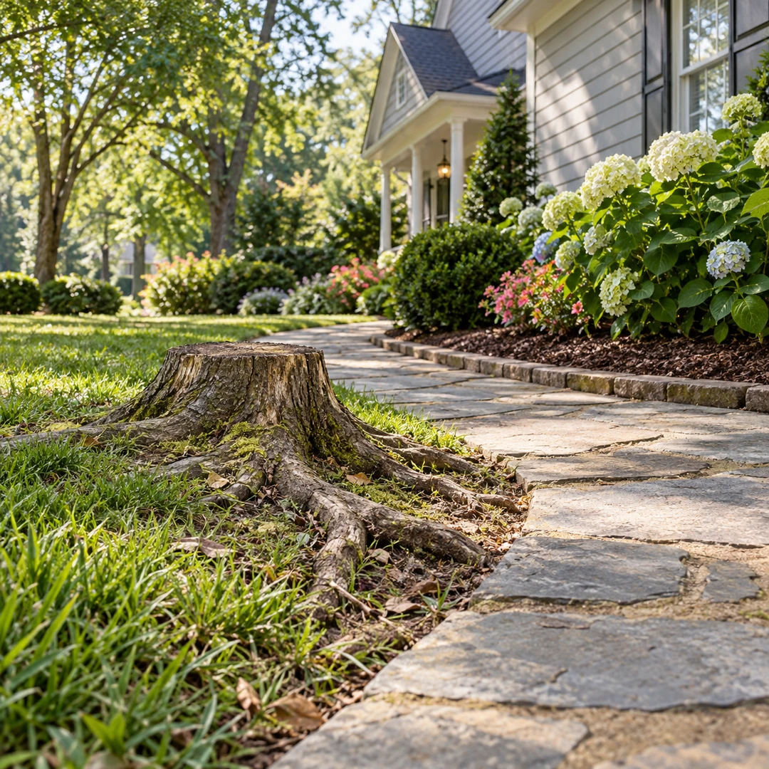 Stump and surface roots beside a stone path