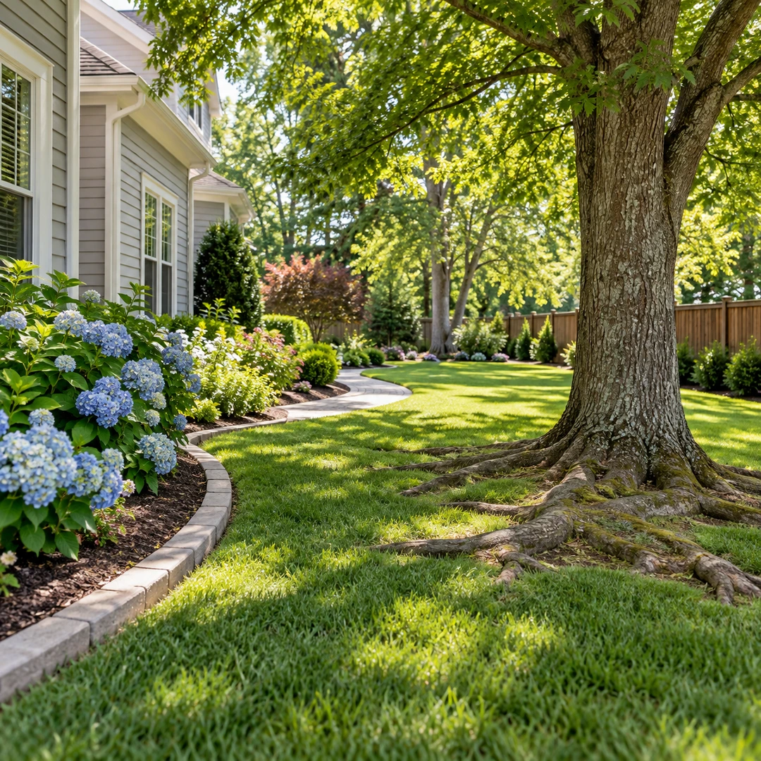 Surface roots beside an open residential lawn
