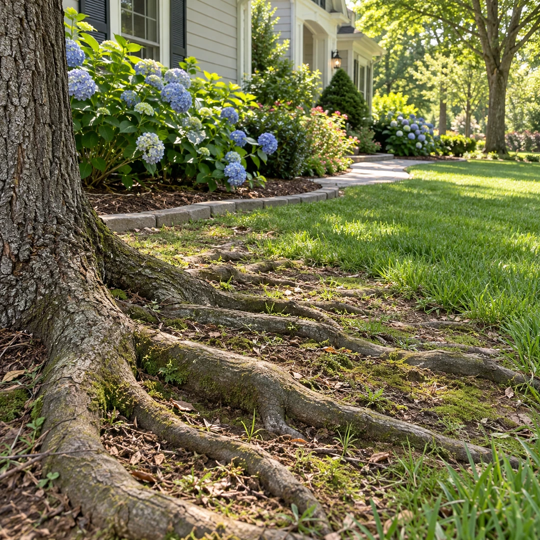 Raised roots near a garden border beneath a tree