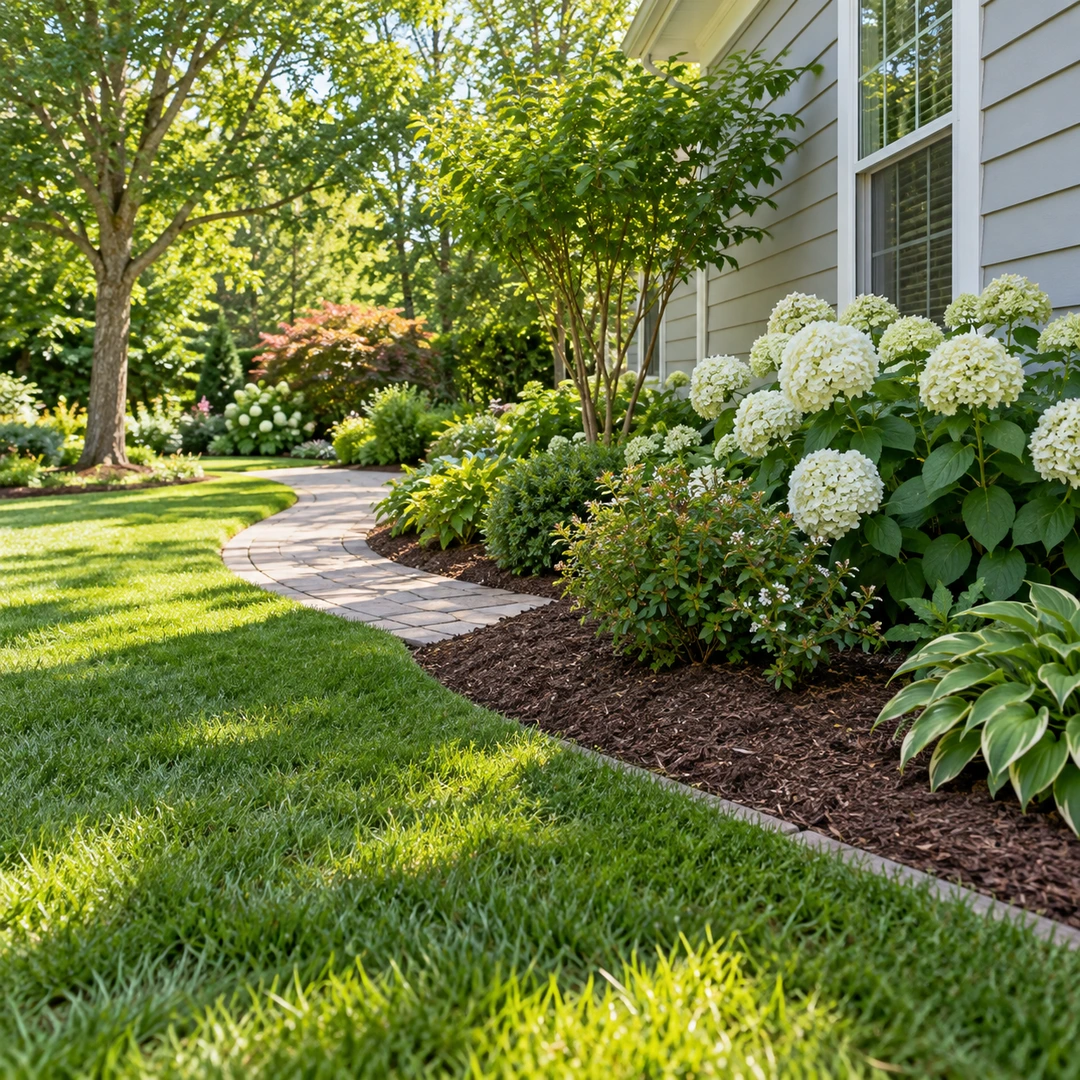 Clear lawn and garden path beside a level soil patch