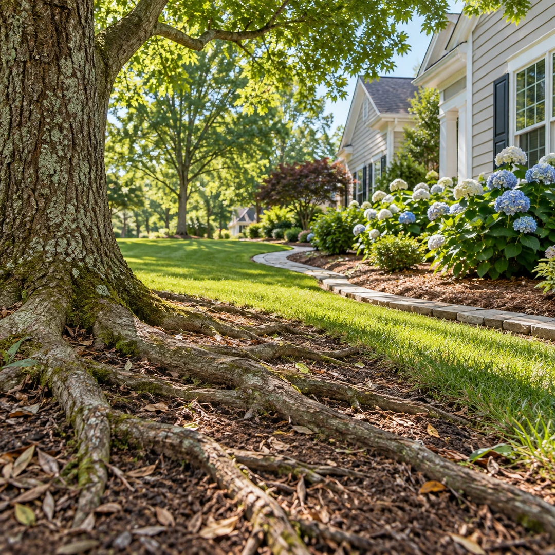 Exposed roots at the base of a mature tree
