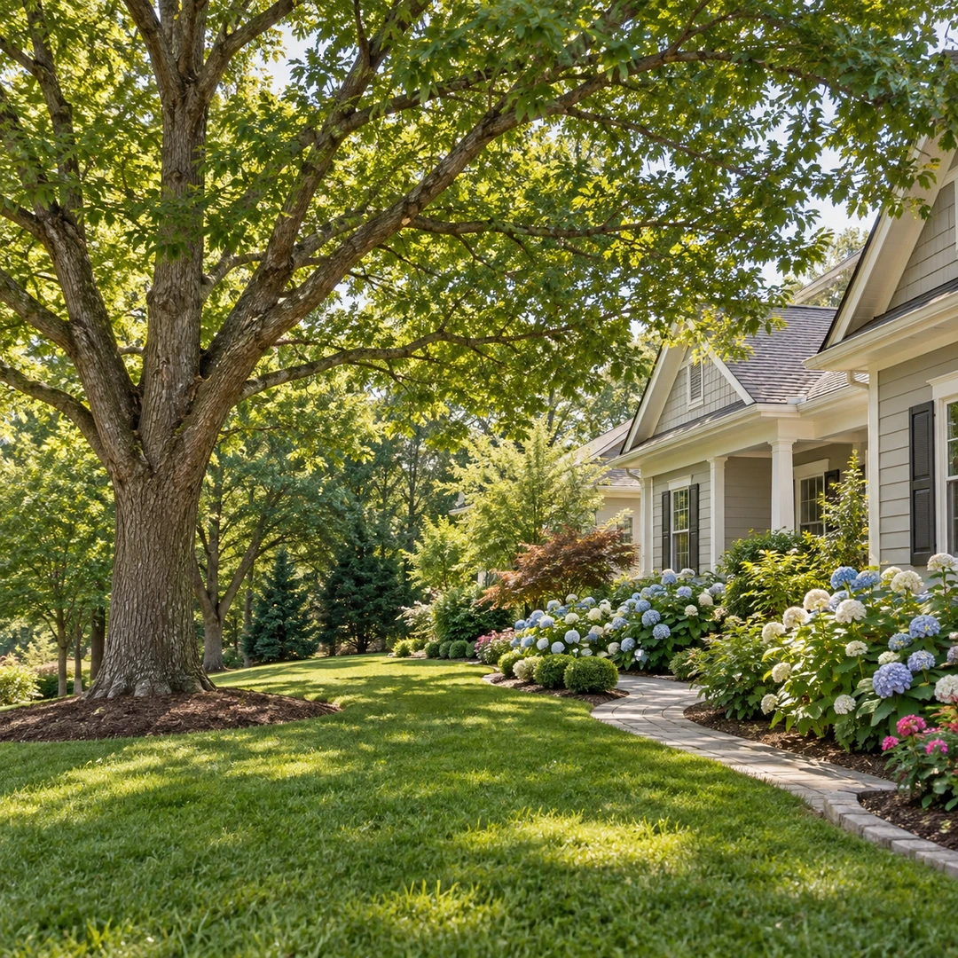 Healthy leafy shade tree beside a residential front yard