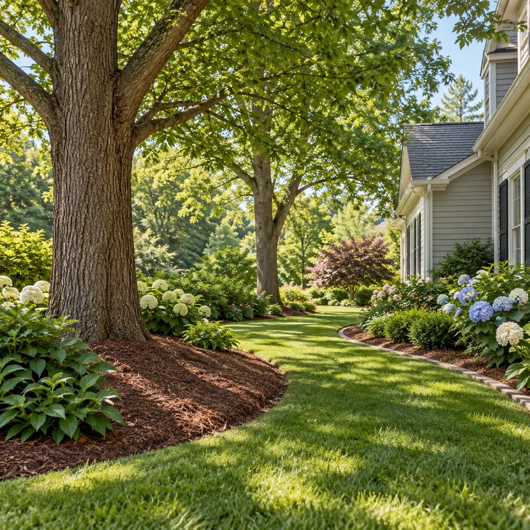 Clear lawn access beside a mature tree and garden path