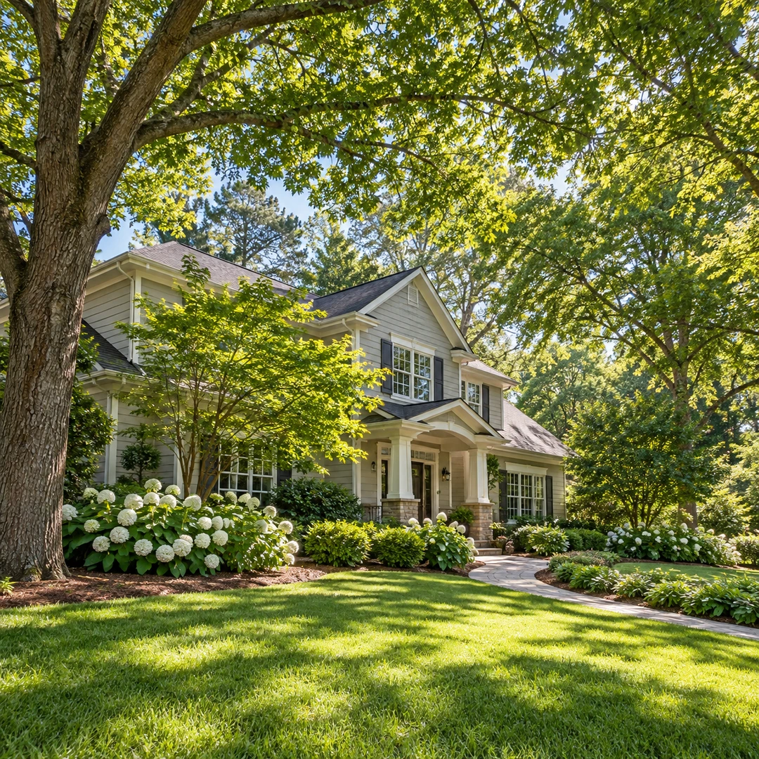 Open leafy canopy above a landscaped front yard
