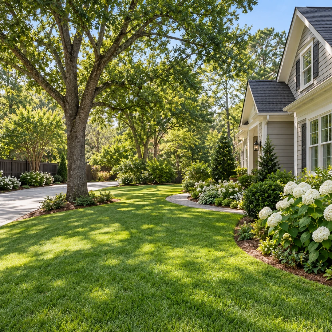 Mature leafy tree beside an open side lawn
