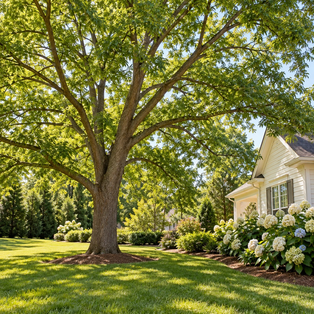 Healthy shade tree with intact leafy branches beside an open lawn