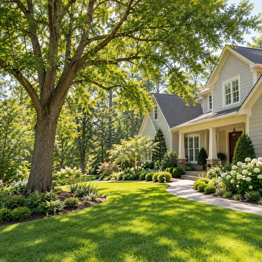 Healthy shade tree beside a curved residential garden path