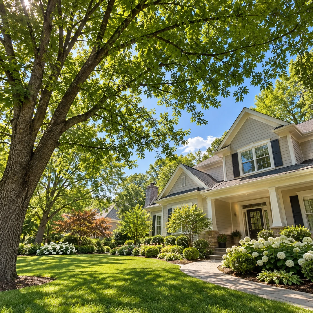 Intact canopy filtering sunlight over a residential lawn