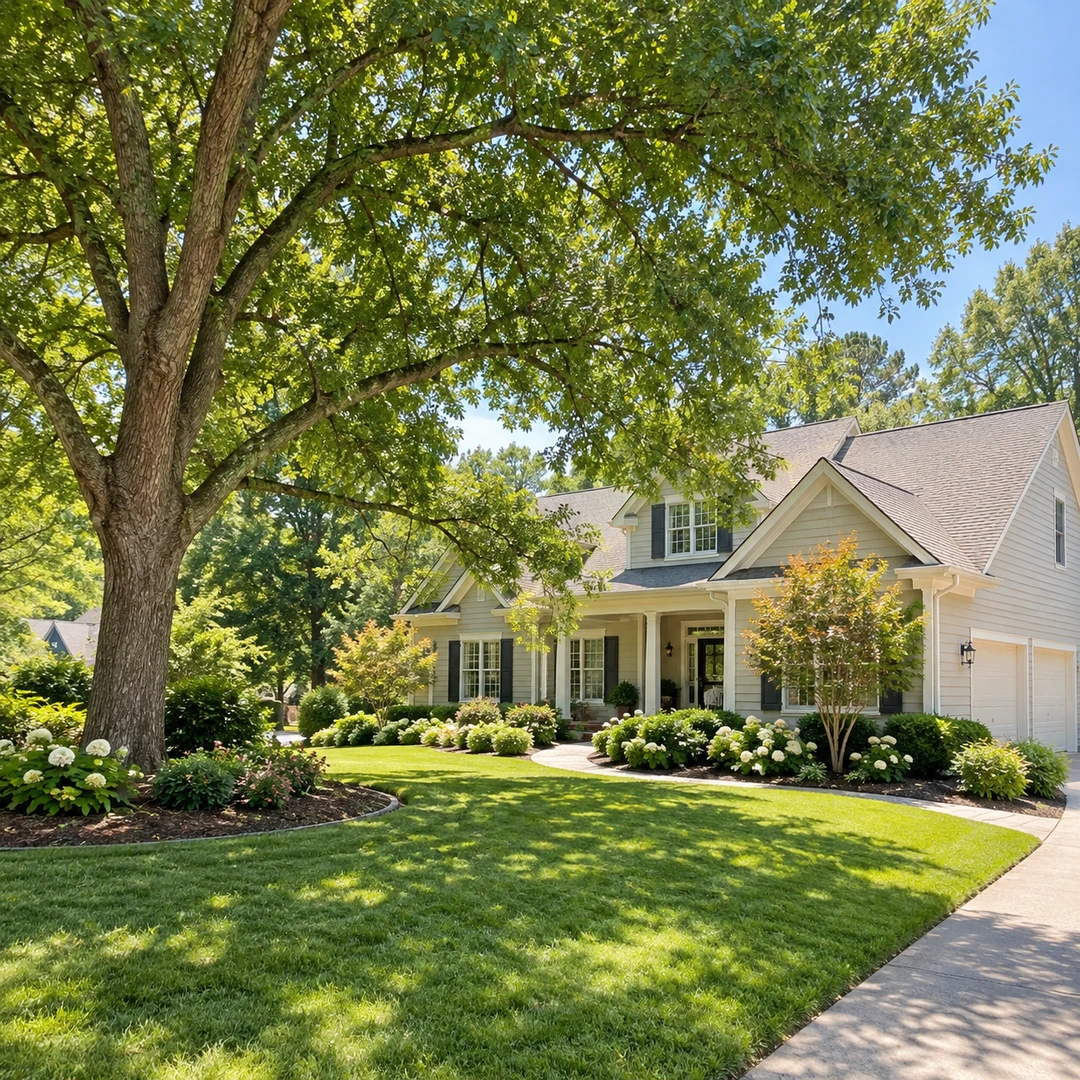 Mature shade tree beside a house and driveway