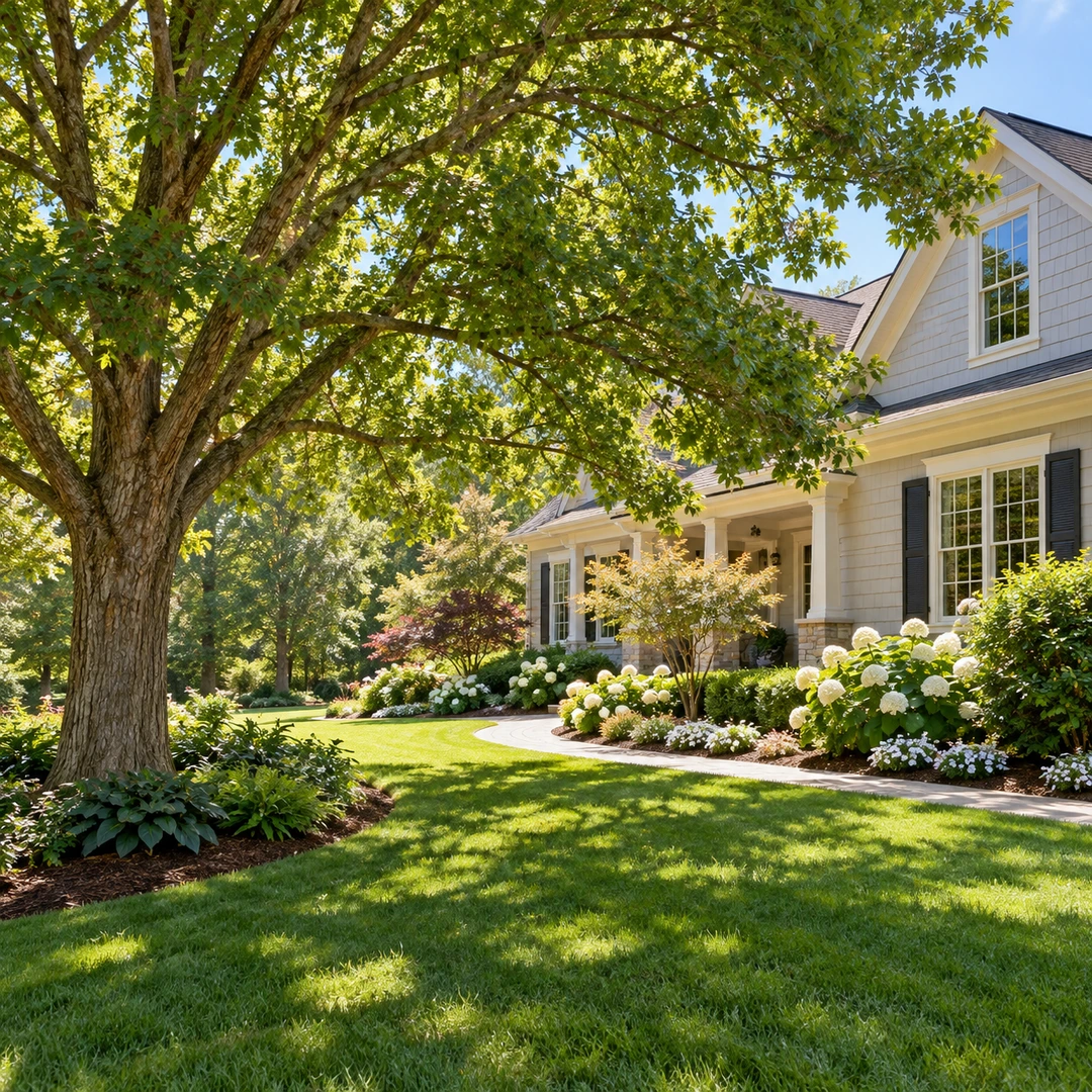 Healthy tree beside a landscaped garden and house