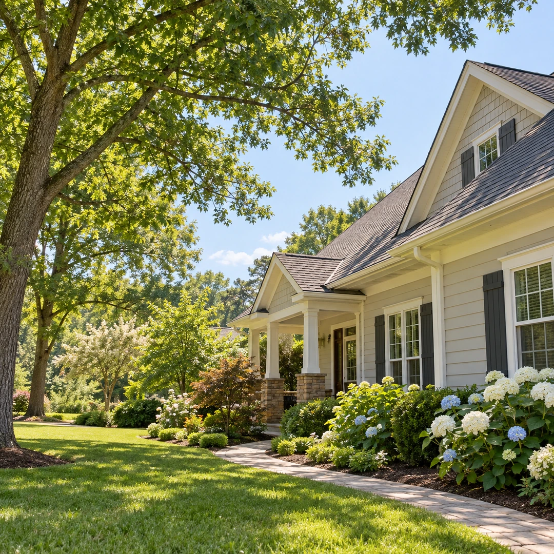 Leafy branches above a sloping house roof