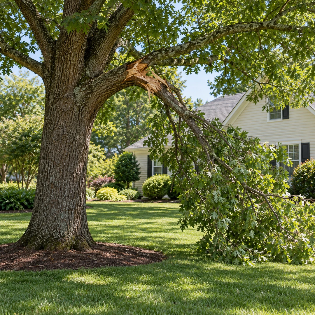 Splintered hanging branch attached to a mature tree above an empty lawn