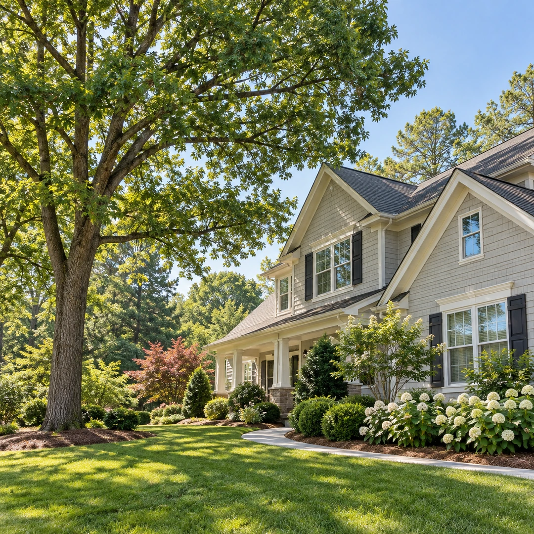 Tree canopy with open clearance beside a house